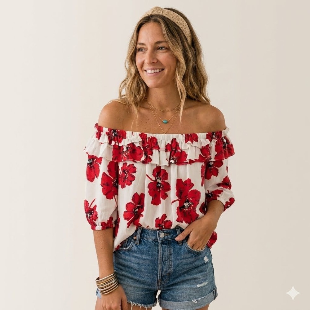ba&sh Kavi Lady Top S Red Ivory Floral Off The Shoulder Ruffle Blouse